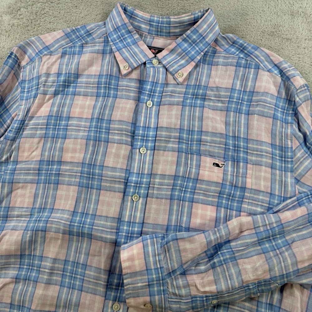 Vineyard Vines Shirt Mens 2XL Pink Blue Plaid 100% Linen Long Sleeve Button Down